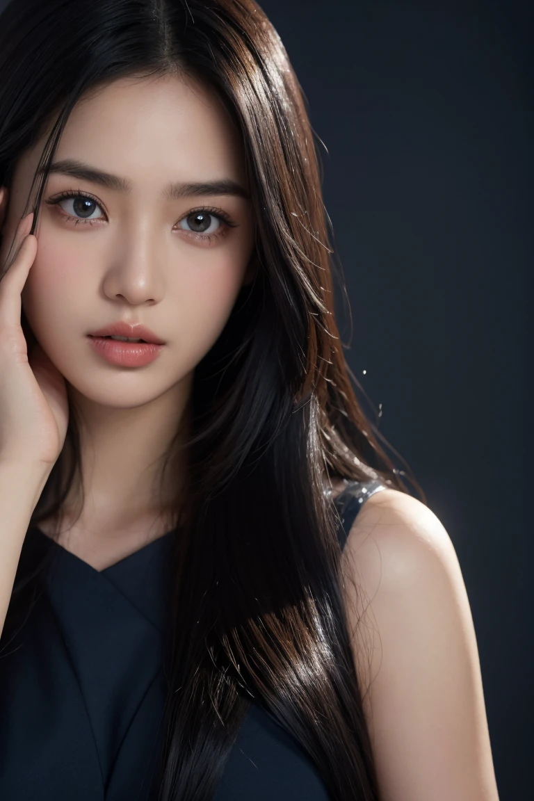 navy blue background, (best quality,4k,8k,highres,masterpiece,ultra-detailed), elegant portrait, beautiful detailed eyes, beautiful detailed lips, photography ,low lightning, portrait ,black hair, natural long hair, 28 years old, full dress, closed mouth, no teeth showing, real textured skin, body facing camera, showing hands, perfect hands, dark photo, far view, pakaian tertutup