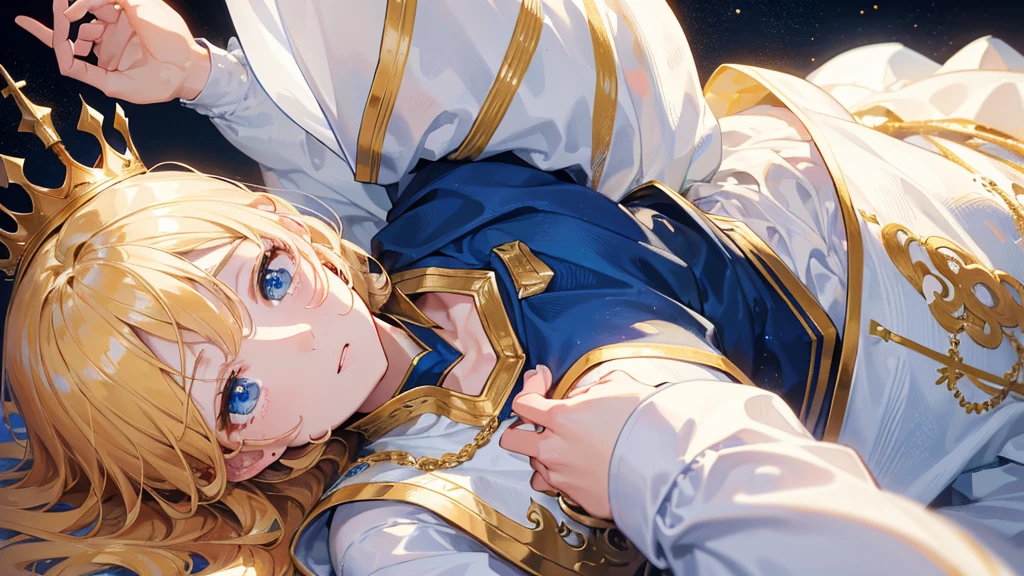 (Highest quality) (4K) (8k) (High resolution) (masterpiece:1.2) (Super detailed) One boy short hair Wizard Blue Eyes Long sleeve Golden decoration Hair between the eyes White Dress Wavy golden hair Upper Body (large crown) (White Background) profile Face close-up Are crying