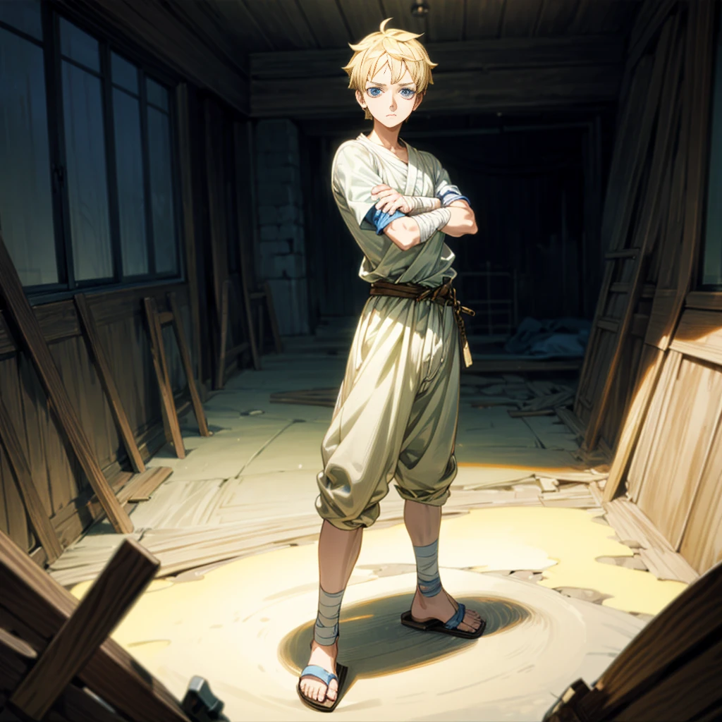 1boy, Full body version, 1character, blue eyes, sad eyes, short haircut, blonde color hair, bandage on head, casual style outfit, sandals, Grassroots, full background indoor building, motion blur, (one piece style art), knife in hand, standing gesture