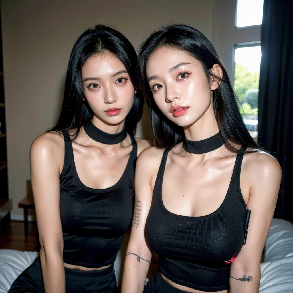 best quality, ultra high res, (photorealistic:1.4), 1girl, tanktop black shirt, black tight skirt, black choker, (faded ash gray hair:1), medium breasts, looking at viewer, closeup, (pretty face) , southeast asia girl.