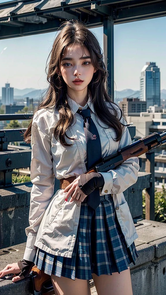 1womanl、(Super beautiful)、(beauitful face:1.5)、(A detailed face)、is standing、(high-school uniform)、Dark blue jacket、white shirt、neck tie、Plaid mini skirt、Brown hair、(Dark makeup)、(holding rifle)、(Aim your rifle:1.5)、h&k hk416、(On the roof of a high-rise building),Full body close-up