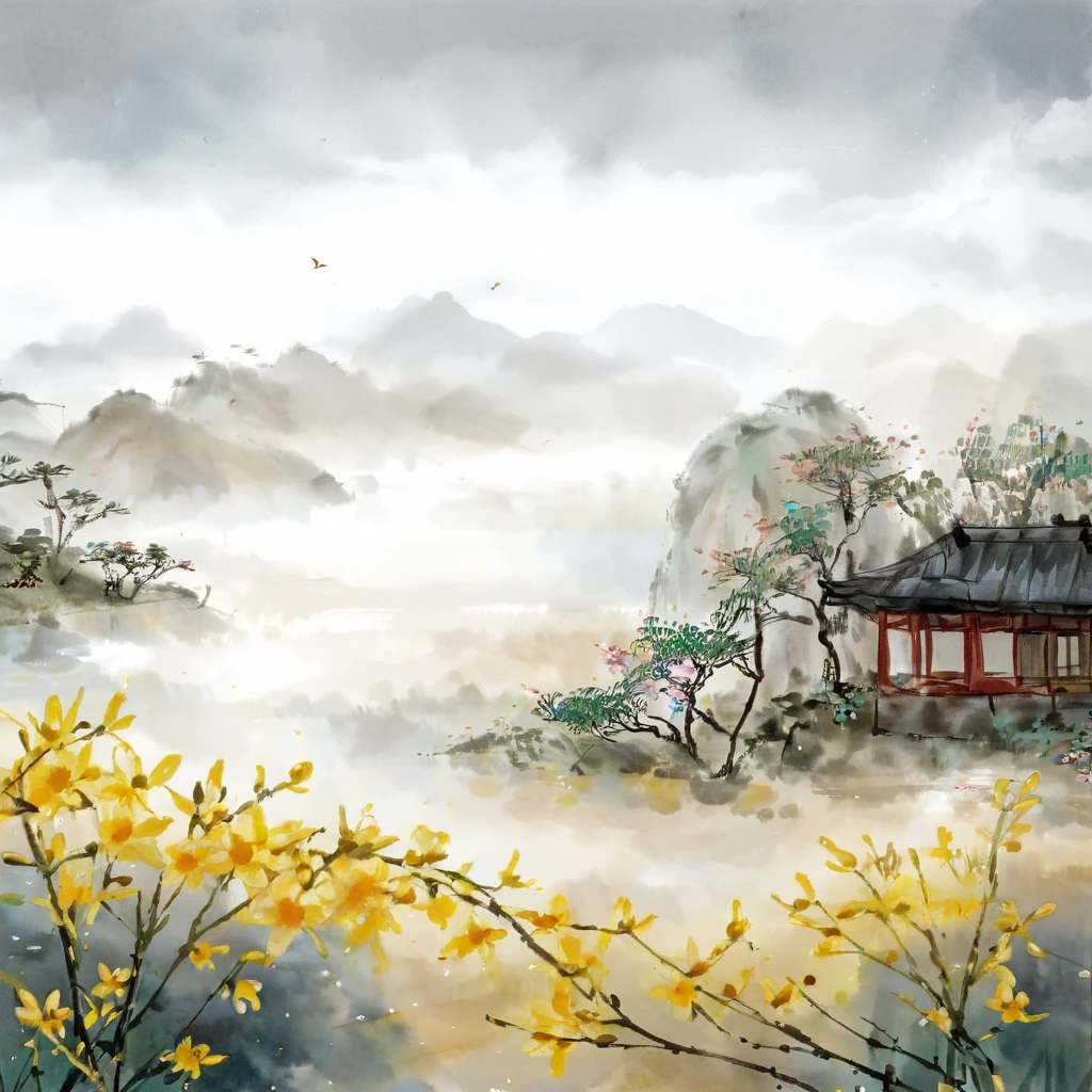 Ink painting, qi baishi, it is raining, 2 seven-star ladybugs are on the jasmine flowers, jasmine flowers, jasmine flowers, jasmine flowers, yellow flowers, close-up, focus on jasmine flowers, ink painting, traditional Chinese landscape painting, (large area Leave blank, two-thirds of the composition: 2:3), clear new popular illustration landscape painting, parchment watercolor and ink painting, national style, watercolor and ink, ink, ink painting, ((simple)), simple, minimalist, beige gray, White background, ink style, ink painting, rice paper texture, clean, no text, quiet and ethereal, light white and light gray,
