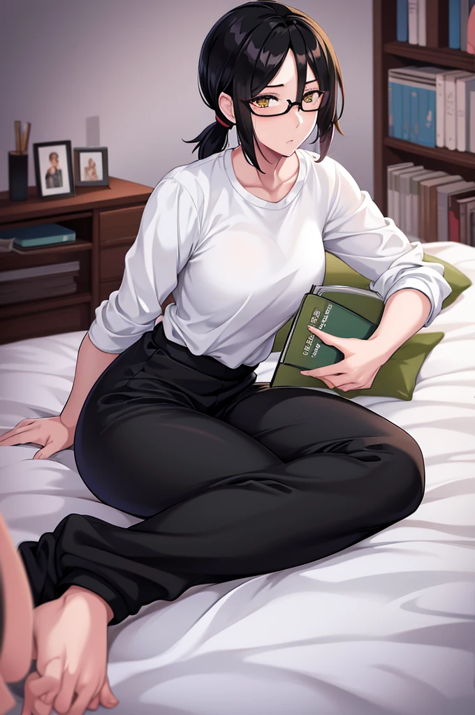 mature woman, hair over one eye, golden eyes, Tomboy, sitting on the ground, black sweatpants, white shirt, looking at viewer, bed, black short hair with a ponytail, books lying around, bedroom background, round glasses, bags under eyes, tired, reading a book, solo