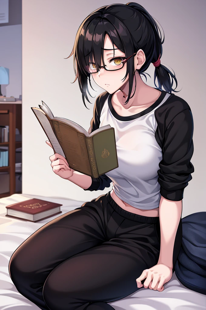 mature woman, hair over one eye, golden eyes, Tomboy, sitting on the ground, black sweatpants, white shirt, looking at viewer, bed, black short hair with a ponytail, books lying around, bedroom background, round glasses, bags under eyes, tired, reading a book, solo
