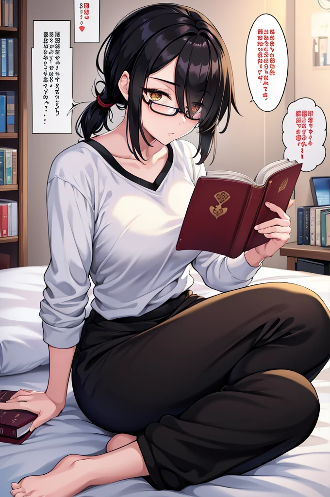 mature woman, hair over one eye, golden eyes, Tomboy, sitting on the ground, black sweatpants, white shirt, looking at viewer, bed, black short hair with a ponytail, books lying around, bedroom background, round glasses, bags under eyes, tired, reading a book, solo