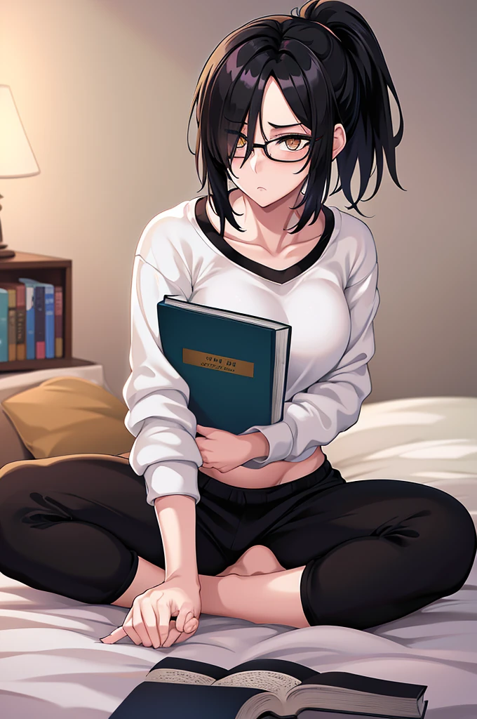 mature woman, hair over one eye, golden eyes, Tomboy, sitting on the ground, black sweatpants, white shirt, looking at viewer, bed, black short hair with a ponytail, books lying around, bedroom background, round glasses, bags under eyes, tired, reading a book, solo