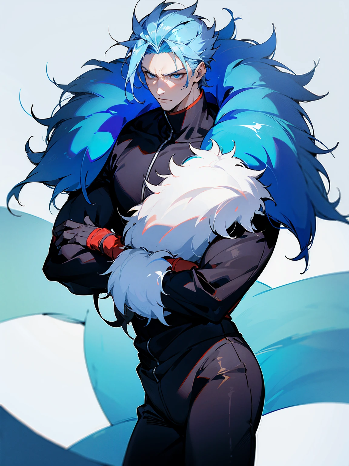 1male, adult, sky blue hair, Vergil hair, fur coat, black sweatpants, tired expression, lean build