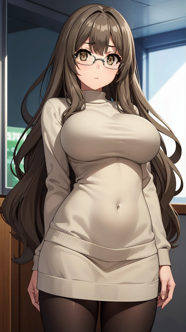 riofutaba, rio futaba, black-framed eyewear, (brown eyes:1.7), glasses, (grey hair:1.2), hair between eyes, over-rim eyewear, semi-rimless eyewear, long hair, sidelocks,
BREAK (Sweater, short sweater, (skirt), mini skirt,long sleeves, pantyhose,closed clothes:1.2),
front view detailed body, long belly , Slender body, tight body , thicc, large breast, breast, long thighs, masterpiece, long hair, very long hair, 20yo,Young female,Beautiful Finger,Beautiful long legs,Beautiful body,Beautiful Nose,Beautiful character design, perfect eyes, perfect face,expressive eyes, looking at viewer,NSFW, (full_body),(Focus on her face), official art,extremely detailed CG unity 8k wallpaper, perfect lighting,Colorful, Bright_Front_face_Lighting,shiny skin, (masterpiece:1.0),(best_quality:1.0), ultra high res,4K,ultra-detailed, photography, 8K, HDR, highres, absurdres:1.2, Kodak portra 400, film grain, blurry background, bokeh:1.2, lens flare, (vibrant_color:1.2) (Beautiful,large_Breasts:1.4), (beautiful_face:1.5),(narrow_waist),