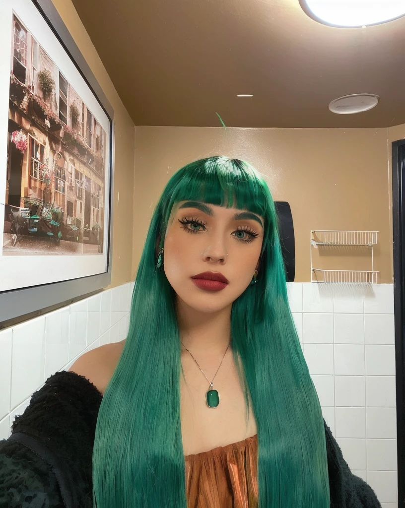there is a woman with green hair and a green wig, long green hair, green hair, dark green hair, bright green hair, long straight green black hair, green and black hair, with long turquoise hair, green wavy hair, teal hair, ava max, short green hair, long cyan hair, dyed hair, turquoise hair, long braided green hair