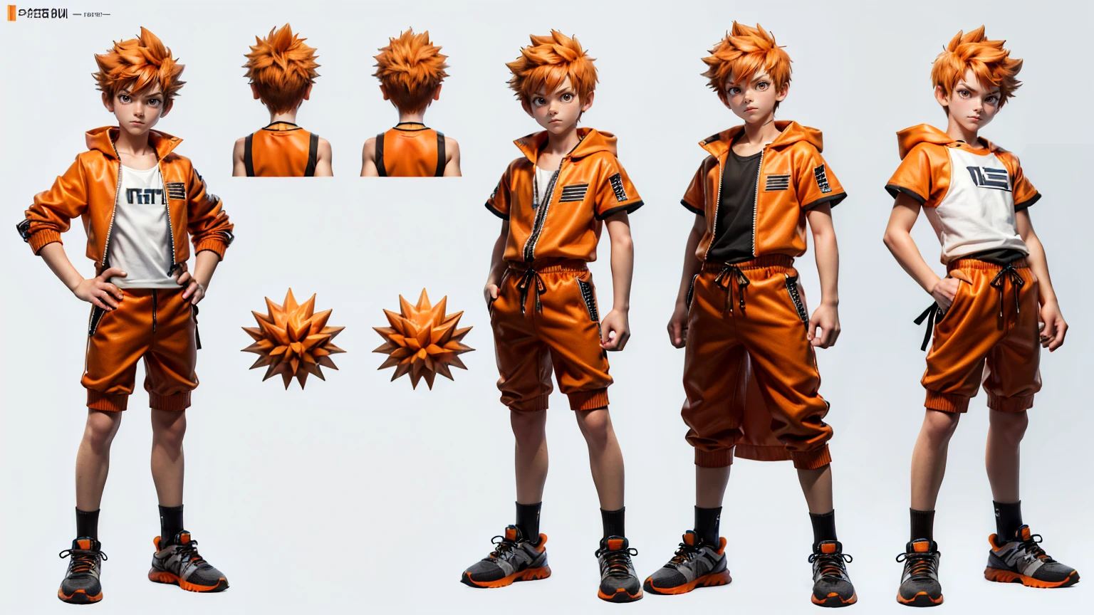 cute face boy, cute face, short height boy, wearing casual futuristic orange  pent, orange  dress, full standing pose, Spiky Hair Hair hairs, Spiky Hair hair style, sports shoes, Character Sheet, 12 yo student, Full body, Simple white background, front straight pose character reference sheet, Concept art, design sheet