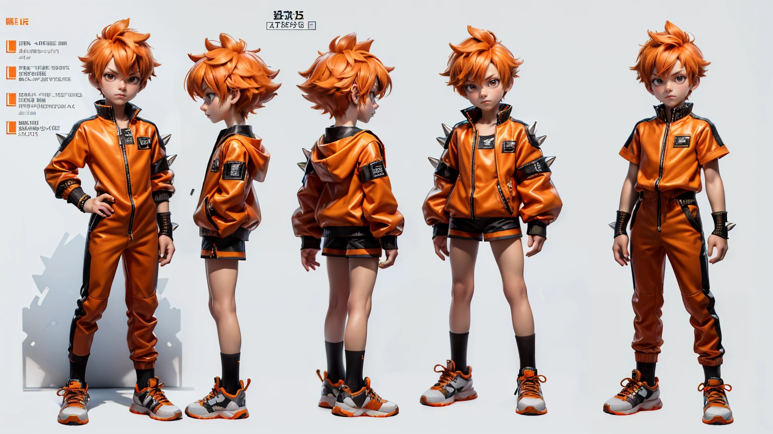 cute face boy, cute face, short height boy, wearing casual futuristic orange  pent, orange  dress, full standing pose, Spiky Hair Hair hairs, Spiky Hair hair style, sports shoes, Character Sheet, 12 yo student, Full body, Simple white background, front straight pose character reference sheet, Concept art, design sheet