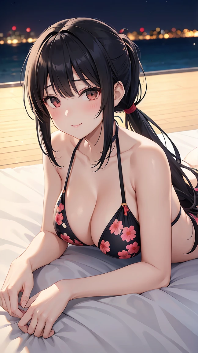 Long black hair in a ponytail、A 40-year-old married woman with her bangs cut, Wearing a floral bikini, night、Lying on one's back on the bed in the bedroom. She looks straight at the viewer with a big smile.、shine, Sweaty skin. She is making a peace sign with her hand、Has huge breasts.