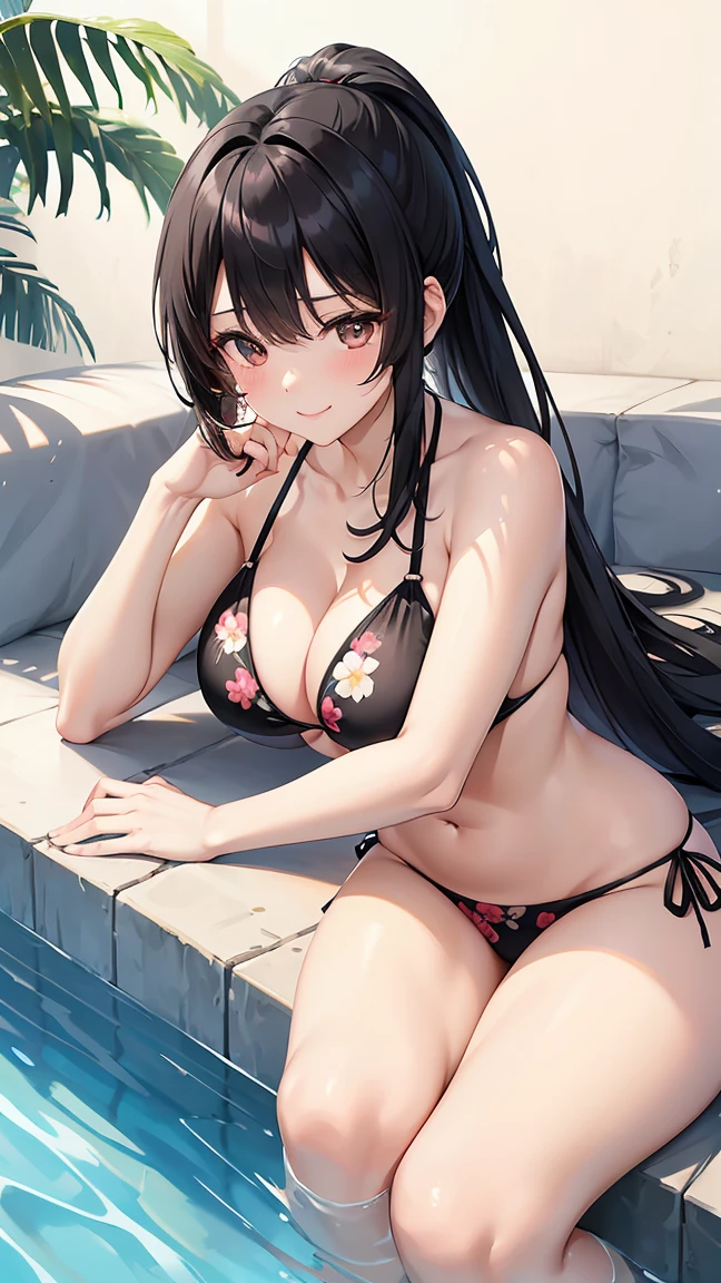 Long black hair in a ponytail、A 40-year-old married woman with her bangs cut, Wearing a floral bikini, night、Lying on one&#39;s back on the bed in the bedroom. She looks straight at the viewer with a big smile.、shine, Sweaty skin. She is making a peace sign with her hand、Has huge breasts.