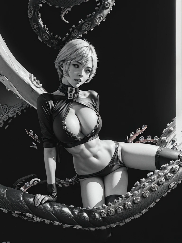 Very short hair, (masterpiece、Highest quality、Official Art), (((Lots of tentacles)))((Tentacles wrap around the body))((tentaclesex:2.0)), Neck up, View from the front, Looking at the audience:1.5, topless, Underless, Black long boots, Black garter belt, (Black bondage suit:1.2), Black collar, Black choker, Glowing Skin, Realistic:1.9, Very detailed, Full Body Shot:1.2, Cleave, Belly button pussy, Expose the center of the body, High resolution, full color photos, High detail, Extremely realistic detail, Ultimate realistic texture, Ultimate in exquisite detail, Professional photos, Sexy portrait of a girl, Voluptuous bust, Tight waist, Cleavage, Trained abdominal muscles, Big Ass,Complete the whole body, Full body image, No underwear, Highest quality, ((background:city:1.4)), Suzune, Suzune's clothes