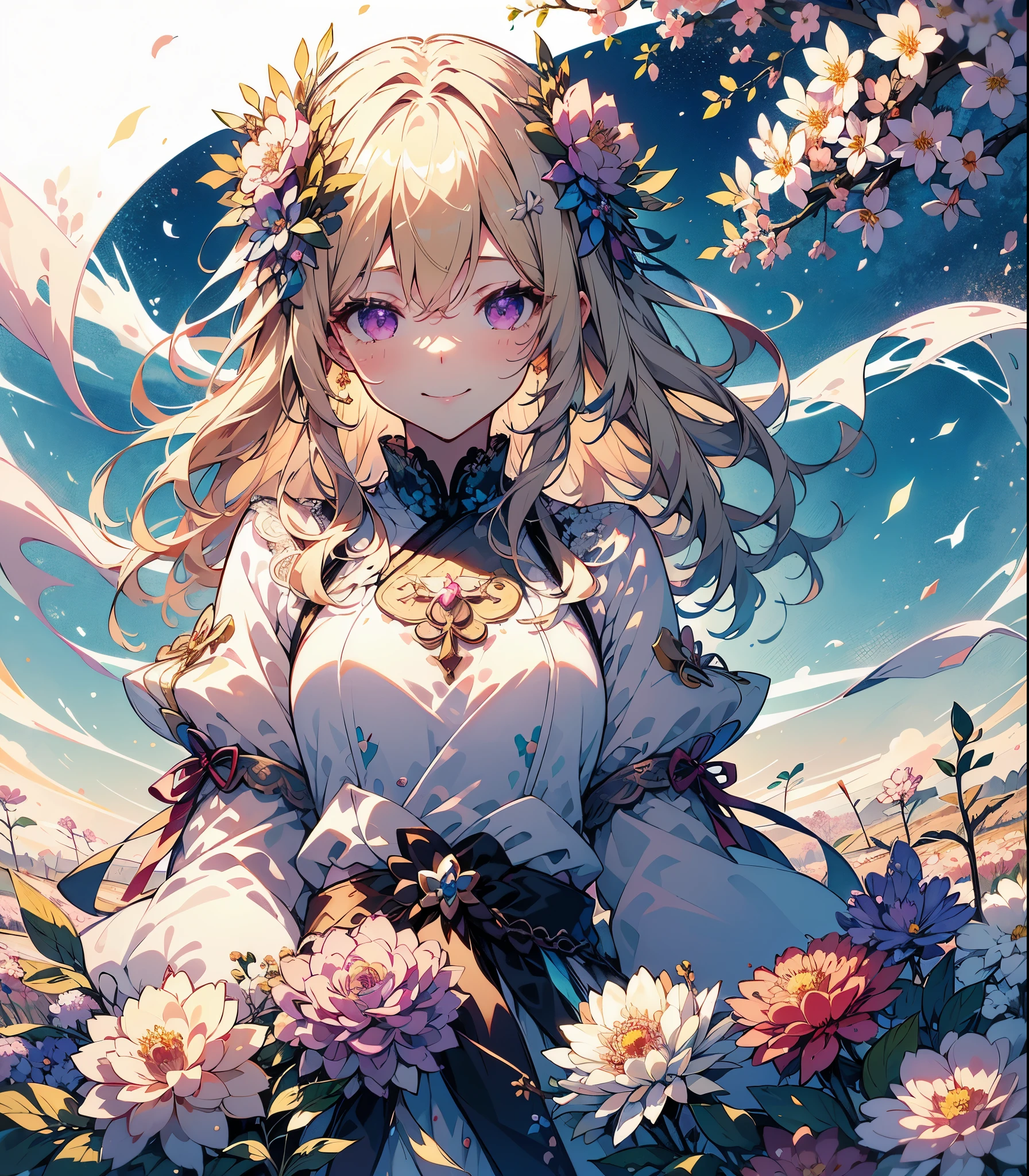 (Highest quality, masterpiece, Very detailedな, Very detailed, Exquisite, 16K,Full HD),(White Background:1.5),A little closer,Dramatic lighting,pastel colour,smile,(seems to be happy)grab the hem of the dress,sun light,grassland,zero(Floating in the air),Soft lighting, ((alone:1.5)),(晴れ渡ったzero,青zero,rainbow,sun,午前のzero,sunny),Gentle breeze,Magical Forest,flower,wood,Flower Field,Leaves and petals fluttering,From above,((head shot)),Flowers filling the screen,(Fairy Princess, Purple eyes, Long eyelashes,White skin,slim,pale pink plump lips,Pale pink cheeks, The wind is blowing,(Medium Hair,Wavy Hair,bionde),thin and long,(thin and high nose,Small Nose),(From above her waist, a giant fairy wing:1.5),Reflected by the sun's light,The magic of the sun,flower tiara,Diamond Earrings,Diamond Choker,(Narrow waist,Fluffy white ball gown dress, Lace and frills),(smile:1.2), (Fantasy, Romantic atmosphere),