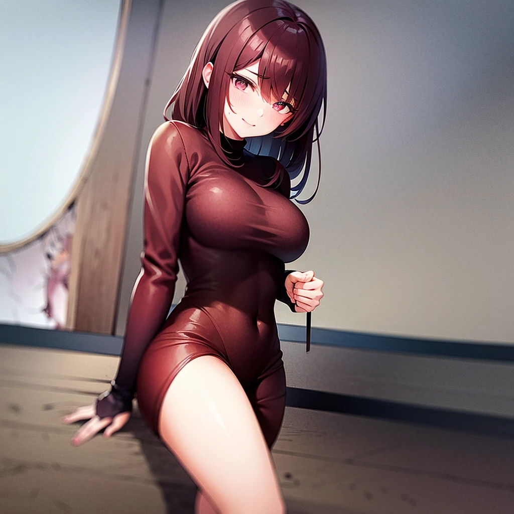 A girl with dark crimson red hair and maroon eyes with a black and red shirt that covers her whole torso and sweatpants and medium sized breasts smiling and a background with volcanoes and fire