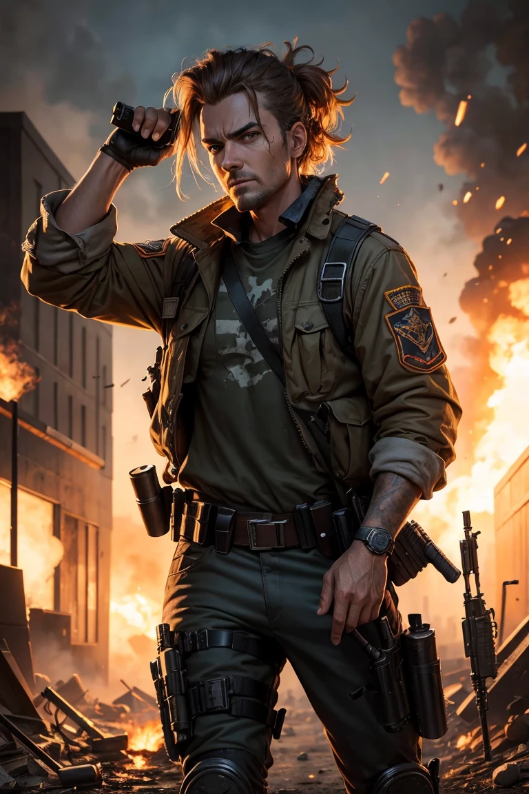 Professional Profile, character posing, Visual released, post-apocalyptic cop, pistol in holster, fully body, with gun in hand, background with fire and bomb being destroyed, with hair on my head and ak47 in my hand