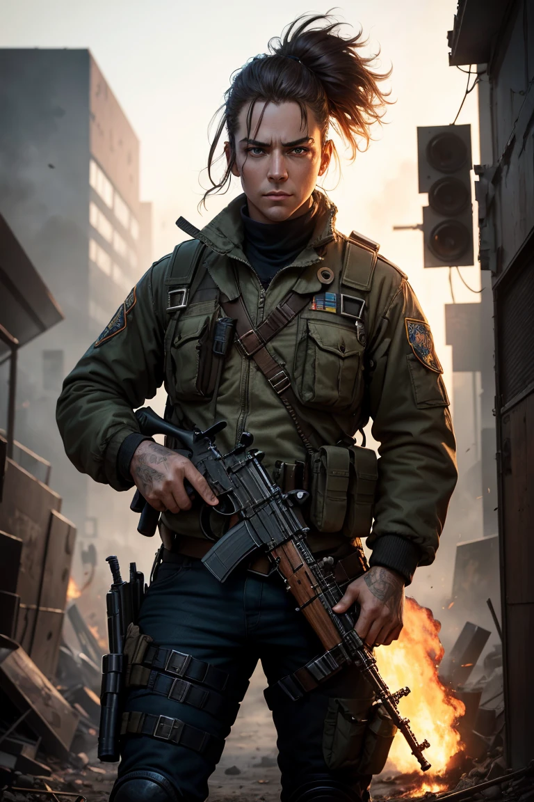 Professional Profile, character posing, Visual released, post-apocalyptic cop, pistol in holster, fully body, with gun in hand, background with fire and bomb being destroyed, with hair on my head and ak47 in my hand
