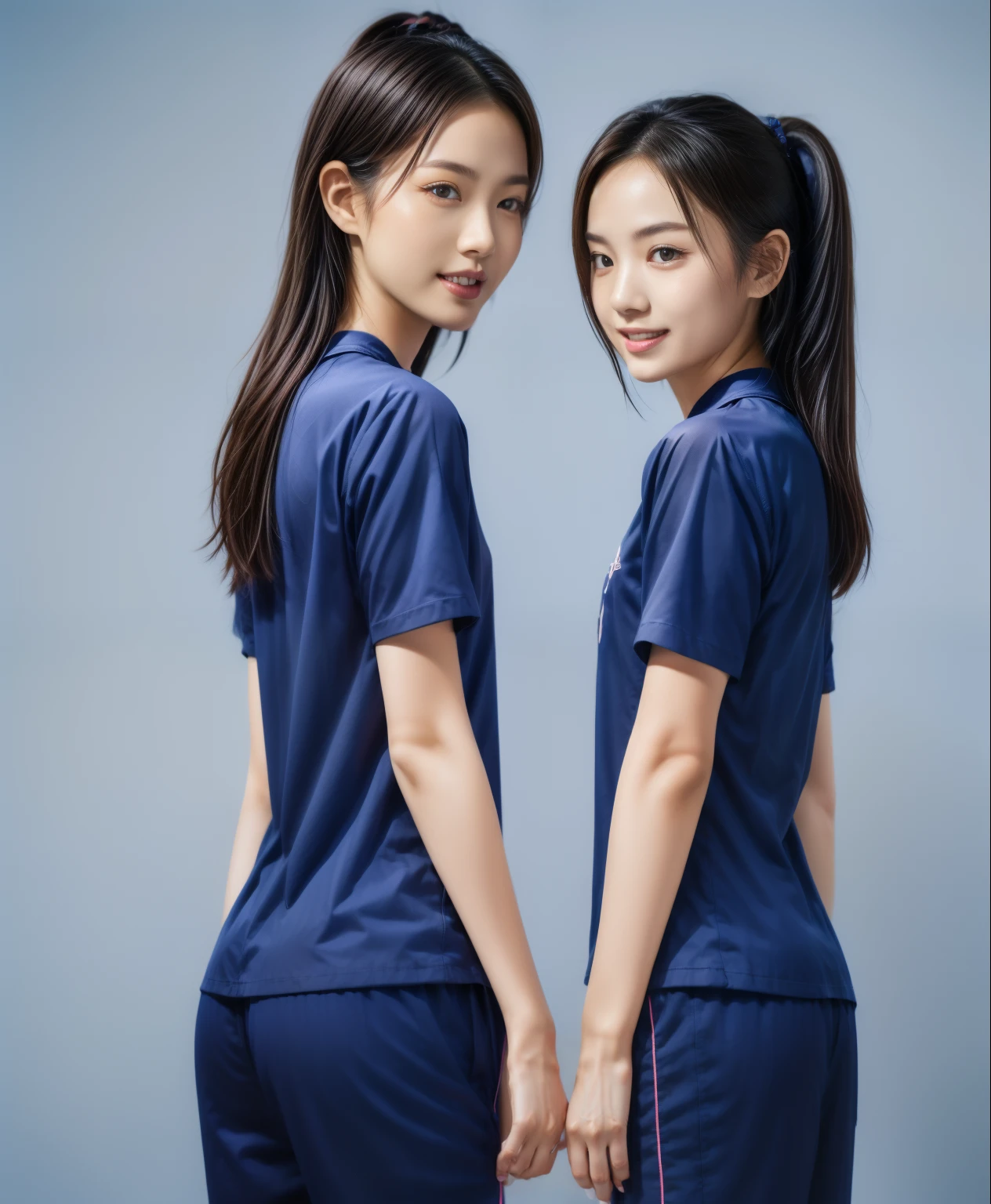 (best quality,10,10,height,Masterpiece:1.2),Special details,(realistic,ภาพrealistic,Realistic photos:1.37),1 Cute girl in the kitchen,shiny, ผิวshiny,only,smile softly,BDclothelue shirt:1.3)),short sleeve,shirt, กางเกงขาlong.,(navy_long_track pants:1.1), ((Kitchen Background)),Dynamic angle,excited,Face focus,dynamic poses,from behind,focus on ass,Masterpiece, best quality, ultra realistic, hyper detail, 8k resolution, raw photos, Sharp focus, ((Navy blue shirt:1.1)), short sleeve, เส้นทางlong, perfect body, 2 mature women, 18 years old, Cinema-grade lighting system,blue sweatpants,shirtผ้าออกกำลังกาย,correct anatomy,perfect body, correct body, Sharp face, correct bodyทางกายวิภาค, full body, realistic gestures, long-haired, realistic poses,Wear long shorts...........................,ช่วงขาlong,Good shape,carved girl, Slender figure, model, Good shape, beautiful body,blue sweatpants, two girls kissing