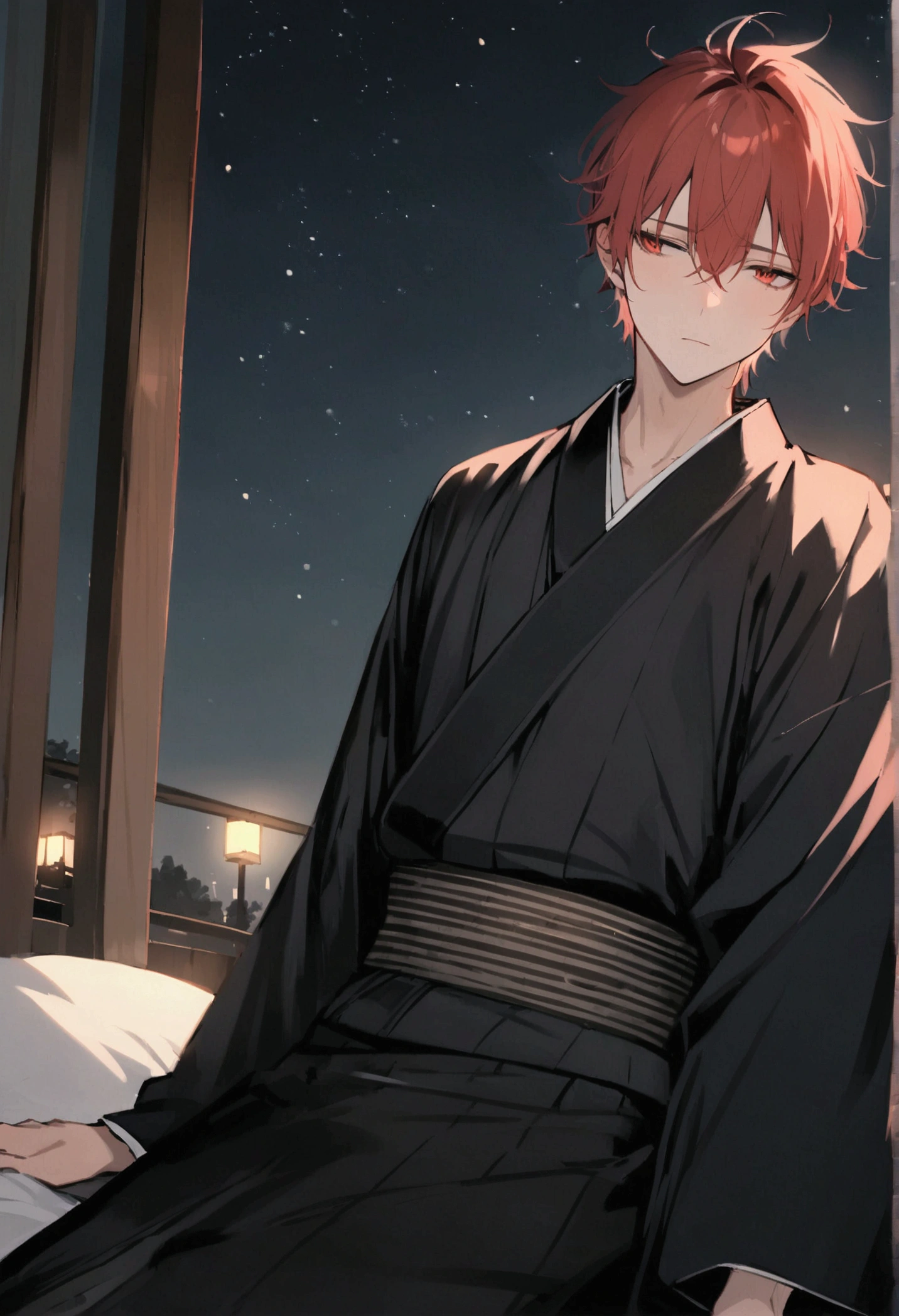 male, Red hair, Red Eye, kimono, night, ephemeral, sleepy