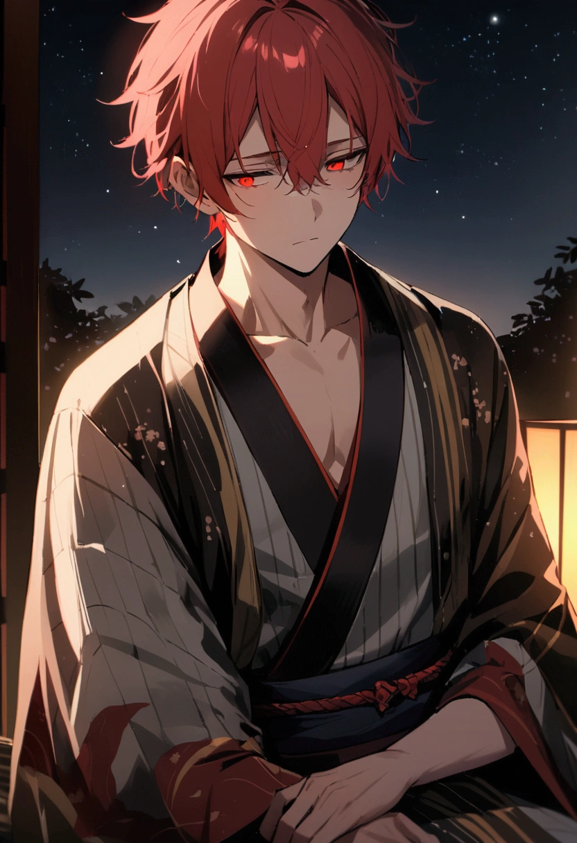 male, Red hair, Red Eye, kimono, night, ephemeral, sleepy