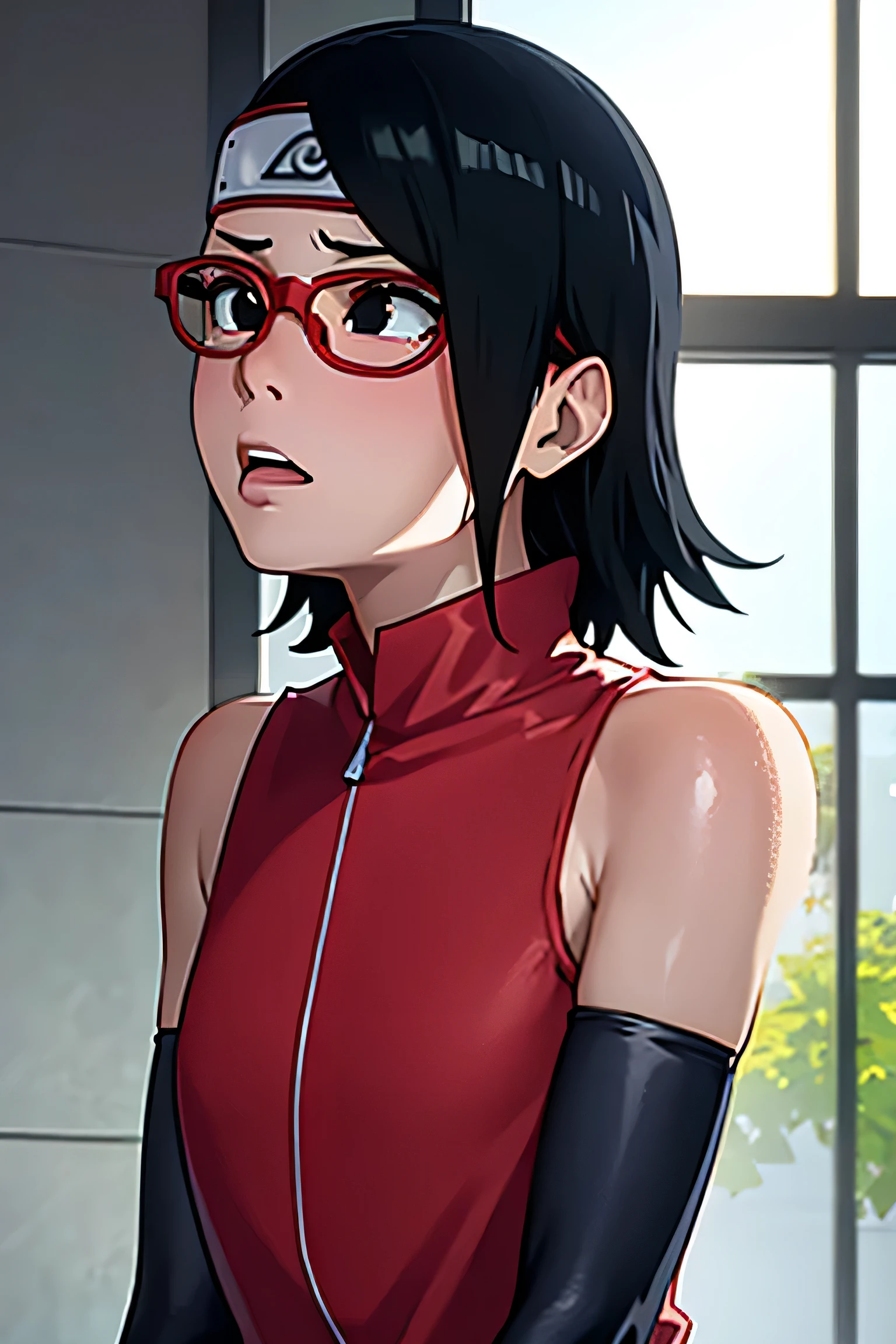 anime screencap, sarada uchiha, sarada, 1girl,solo, wavy black hair, wavy short hair, wavy hair, wavy hairstyle, black eyes,small breasts,armpits,wet armpits, showing wet armpits, armpit,armpits,sweat,sweaty,sweaty armpits,awesome armpits,tired,exhausted,arms up,red rimmed glasses,blackish arm warmers