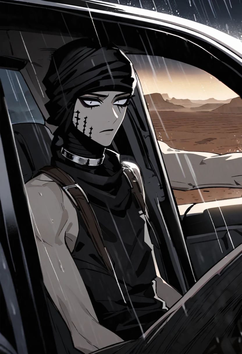 Male arab modern terrorist, terrorist, black balaclava, black bandage, black clothes, thin waist, skinny body, femboy, white eyes, light skin, makeup, black eyeliner, big eyelashes, black eyeshadow, metal choker, light tanned skin, inside the car, desert, rain, night