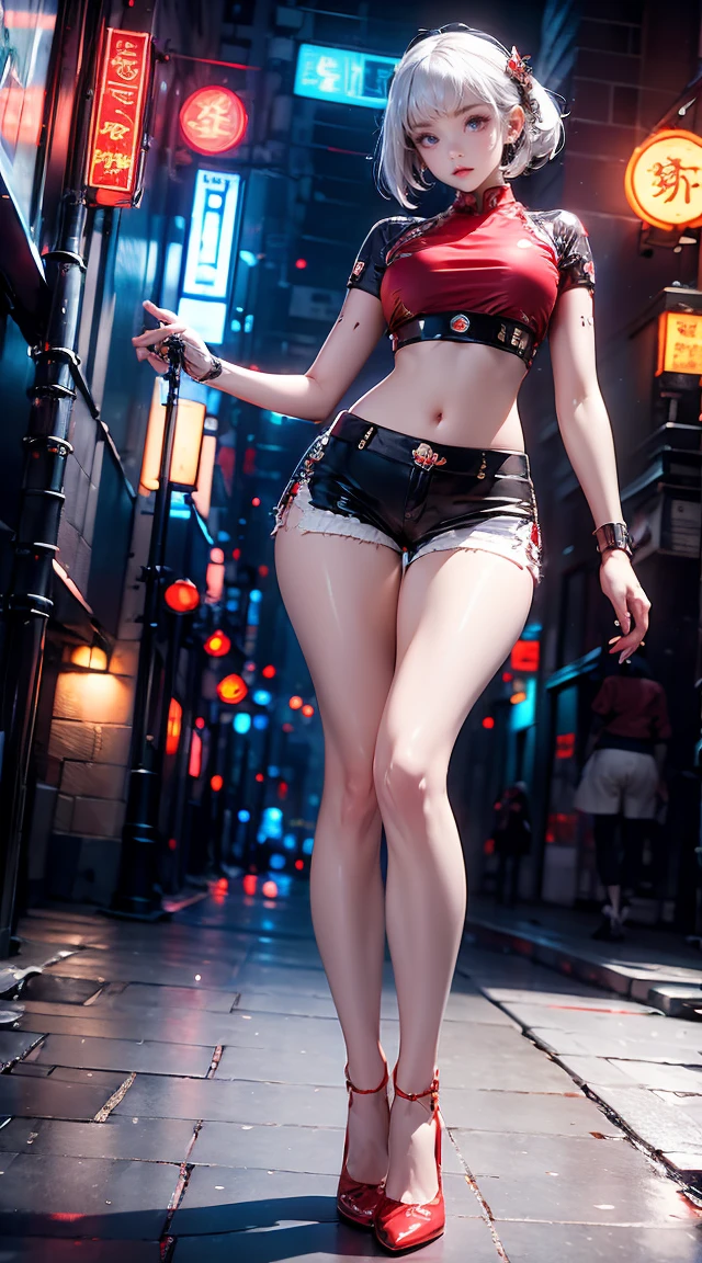 masterpiece,best quality,high resolution, 1 Girl,From below,(The legs are very thin and straight),,(Very long legs,Straight Legs),,High heel,Long Law,stand up, From the front,Very long legs, Perfect body,Have perfect legs,(Exterior),Full Body Love,Cyberpunk characters,Dynamic poses,1 Girl,Exquisite eyes,Brown eyes,Eyeshadow,make up,White hair, Detailed face, Delicate eyes, Looking at the audience, Blush\(make up\), Full lips, Red lips,(White hair:1.3), (stand up)Mechanical static,Mechanical Summoning,(Hair accessories:1.1),Headgear,((((Red ,Short shorts)))),(black),City,Luminous winding,,Cyberpunk Lights:1.1),Neon lights,Full of mechanical and futuristic elements,technology,背景是中国传统street,Chinatown, street, sky sky, Cyberpunk characters, paper lantern, Neon Super Resolution,(Reality:1.3),1(Slim:1.2),Dramatic Lighting,Vivid details,Luxury Cyberpunk,Complex background,Octane Rendering,