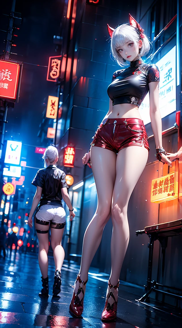 masterpiece,best quality,high resolution, 1 Girl,From below,(The legs are very thin and straight)，,(Very long legs，Straight Legs),,High heel,Long Law,stand up, From the front，Very long legs, Perfect body,Have perfect legs,(Exterior)，Full Body Love，Cyberpunk characters，Dynamic poses，1 Girl，Exquisite eyes，Brown eyes，Eyeshadow，make up，White hair， Detailed face， Delicate eyes， Looking at the audience， Blush\（make up\）， Full lips， Red lips，（White hair：1.3）， （stand up）Mechanical static，Mechanical Summoning，(Hair accessories:1.1)，Headgear，((((Red ，Short shorts))))，(black)，City，Luminous winding，，Cyberpunk Lights:1.1)，Neon lights，Full of mechanical and futuristic elements，technology，背景是中国传统street，Chinatown， street， sky sky， Cyberpunk characters， paper lantern， Neon Super Resolution，（Reality：1.3），1（Slim：1.2），Dramatic Lighting，Vivid details，Luxury Cyberpunk，Complex background，Octane Rendering，