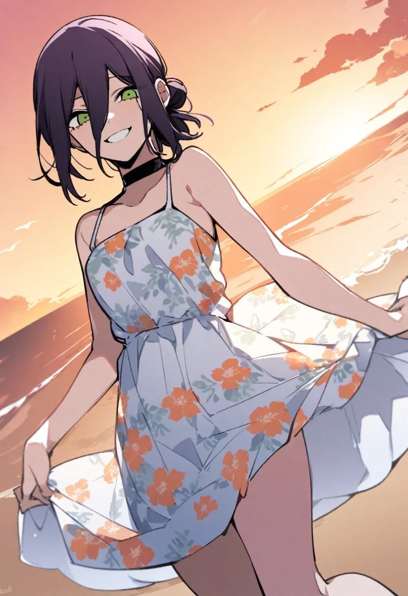 1girl, reze \(chainsaw man\), chainsaw man, warm colors, sunset beach, summer dress,flower pattern dress,smile,masterpiece, best quality, absurdres,