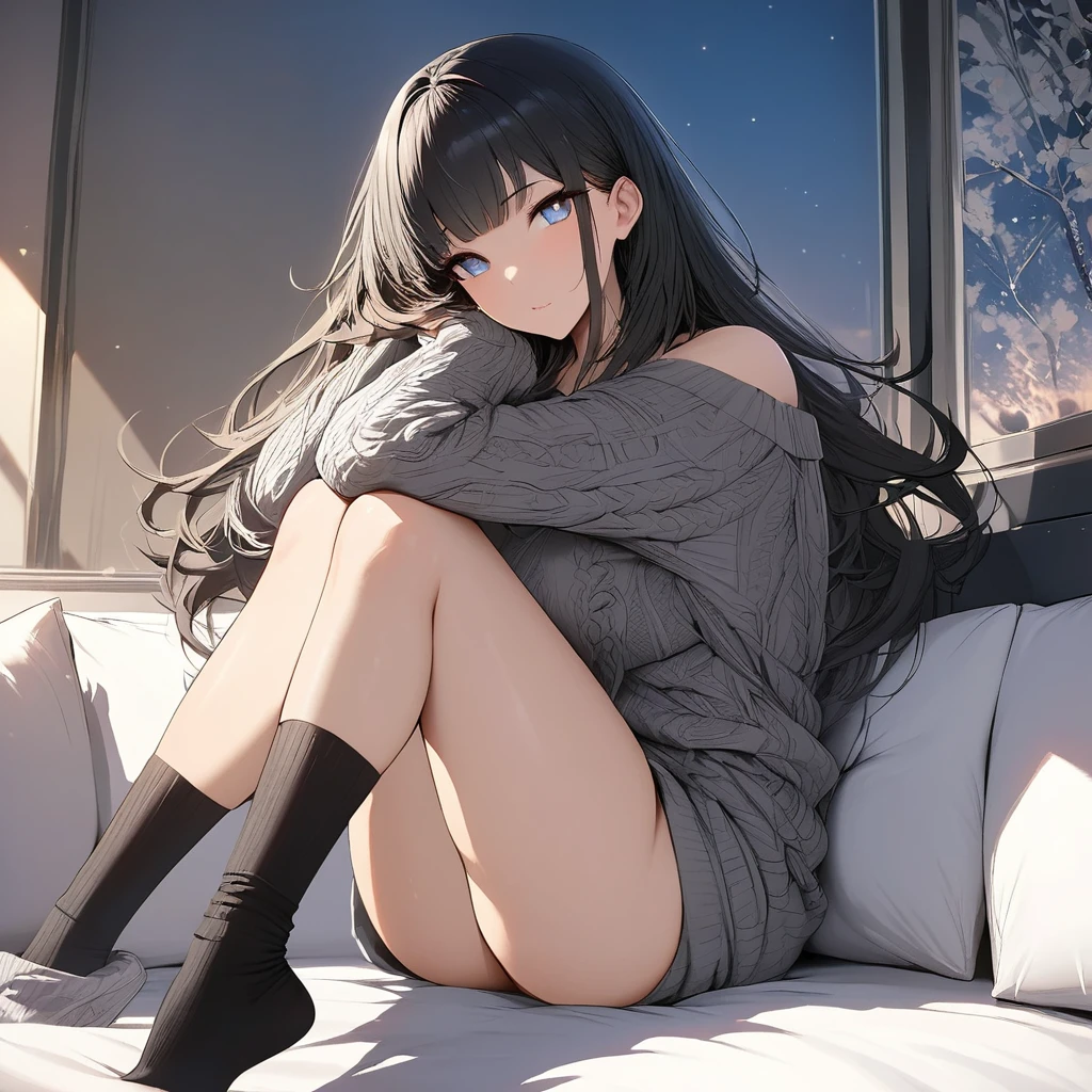 Masterpiece, Very detailed, Ultra-detailed, one beautiful woman, Beautiful woman - pleasant skin, Long hair and bangs on the sides, bright eyes, gray knit sweater, black knee socks.