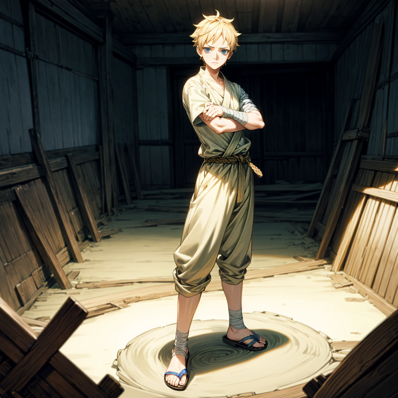 1boy, Full body version, 1character, blue eyes, sad eyes,  short haircut, blonde color hair, bandage on head, casual style outfit, sandals, Grassroots, full background indoor building, motion blur, (one piece style art), standing gesture 