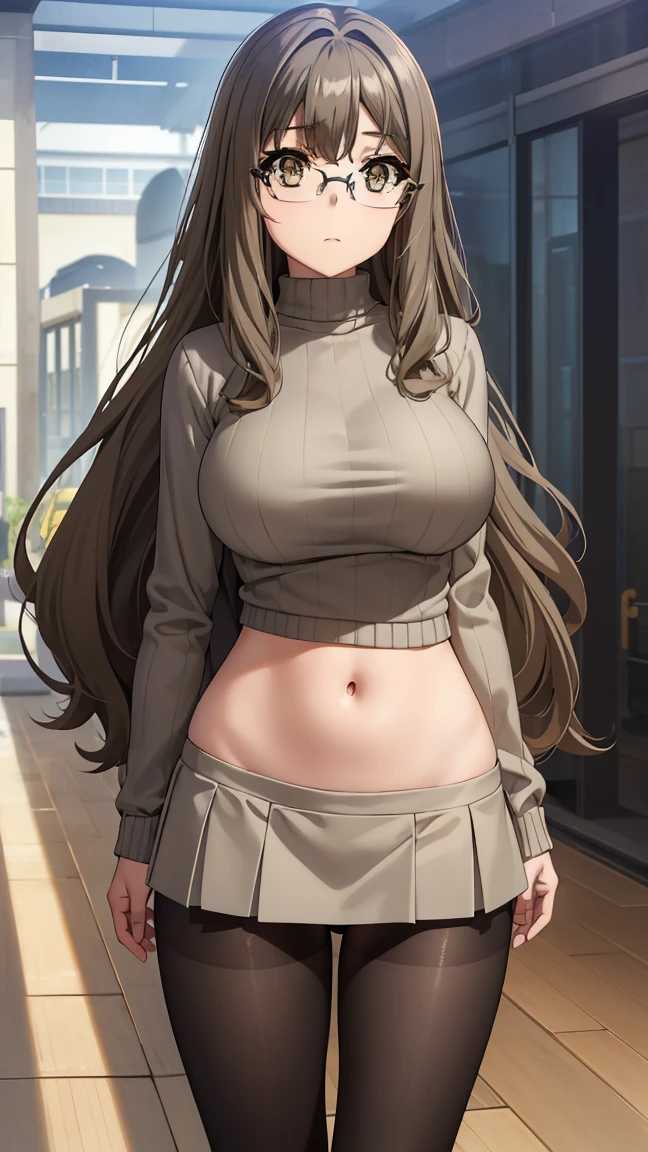 riofutaba, rio futaba, black-framed eyewear, (brown eyes:1.7), glasses, (grey hair:1.2), hair between eyes, over-rim eyewear, semi-rimless eyewear, long hair, sidelocks,
BREAK (Sweater, crop sweater, (skirt), mini skirt,long sleeves, pantyhose,closed clothes:1.2),
front view detailed body, navel, long belly , Slender body, tight body , thicc, large breast, breast, long thighs, masterpiece, long hair, very long hair, 20yo,Young female,Beautiful Finger,Beautiful long legs,Beautiful body,Beautiful Nose,Beautiful character design, perfect eyes, perfect face,expressive eyes, looking at viewer,NSFW, (full_body),(Focus on her face), official art,extremely detailed CG unity 8k wallpaper, perfect lighting,Colorful, Bright_Front_face_Lighting,shiny skin, (masterpiece:1.0),(best_quality:1.0), ultra high res,4K,ultra-detailed, photography, 8K, HDR, highres, absurdres:1.2, Kodak portra 400, film grain, blurry background, bokeh:1.2, lens flare, (vibrant_color:1.2) (Beautiful,large_Breasts:1.4), (beautiful_face:1.5),(narrow_waist),