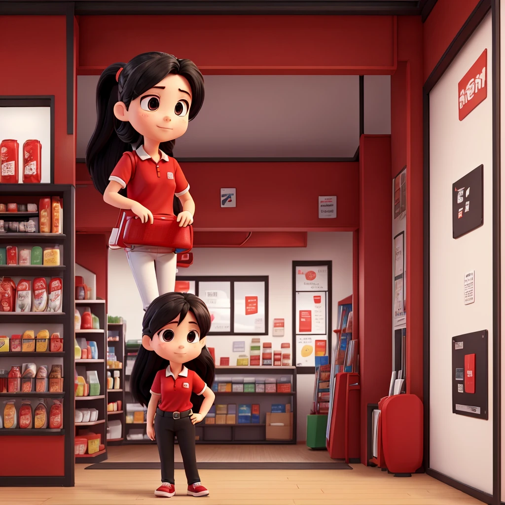 Make a mini mart store with red and white theme and a glass wall. No logo name. A girl employee wearing red polo shirt,wearing black pants, long black ponytailed hair, at the cahier area