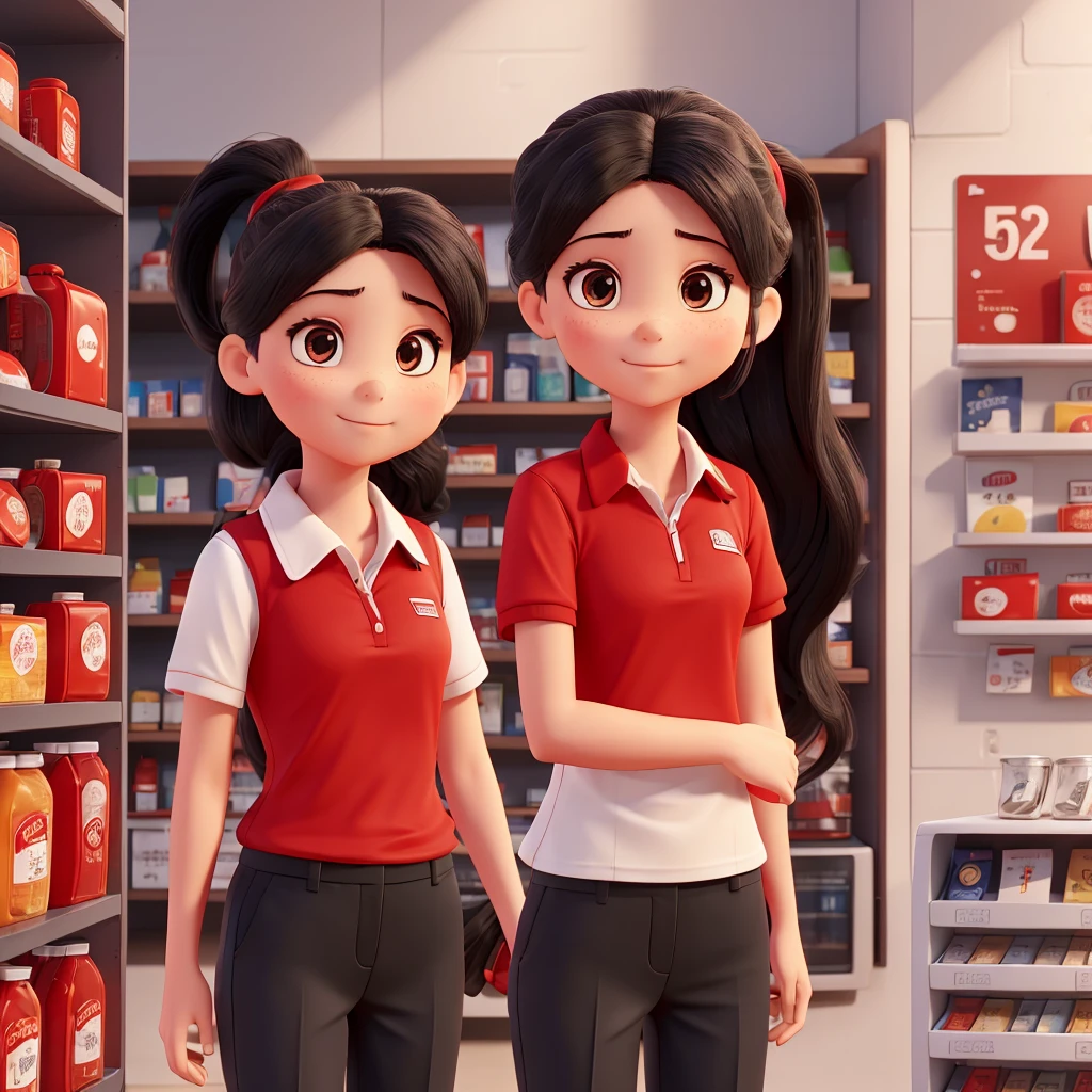 Make a mini mart store with red and white theme and a glass wall. No logo name. A girl employee wearing red polo shirt,wearing black pants, long black ponytailed hair, at the cahier area