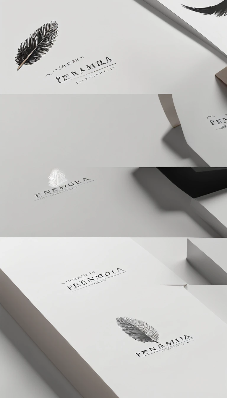 A minimal, modern, simple, cinematic logo design for the brand “Penamemoria". Create a modern, memorable, unique, minimalistic, high-quality,dreamy, fantastic, poetic, masterpiece logo design of a MEMORY FEATHER