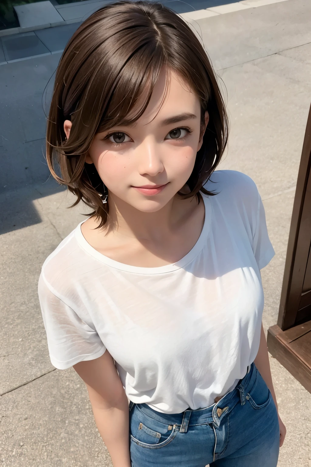 short brown-colored hair, beautiful white-colored skin just a little sunburned, wearing white t-shirt, wearing indigo short dennim pants, glamorous figure, small mouth, small nose, dimples, smooth shaped jawline, a little bit heavy makeup, smiling, narrowed eyes expression, sweating, a little bit glossy face, jumping, close-up shoot, angle looking down from above