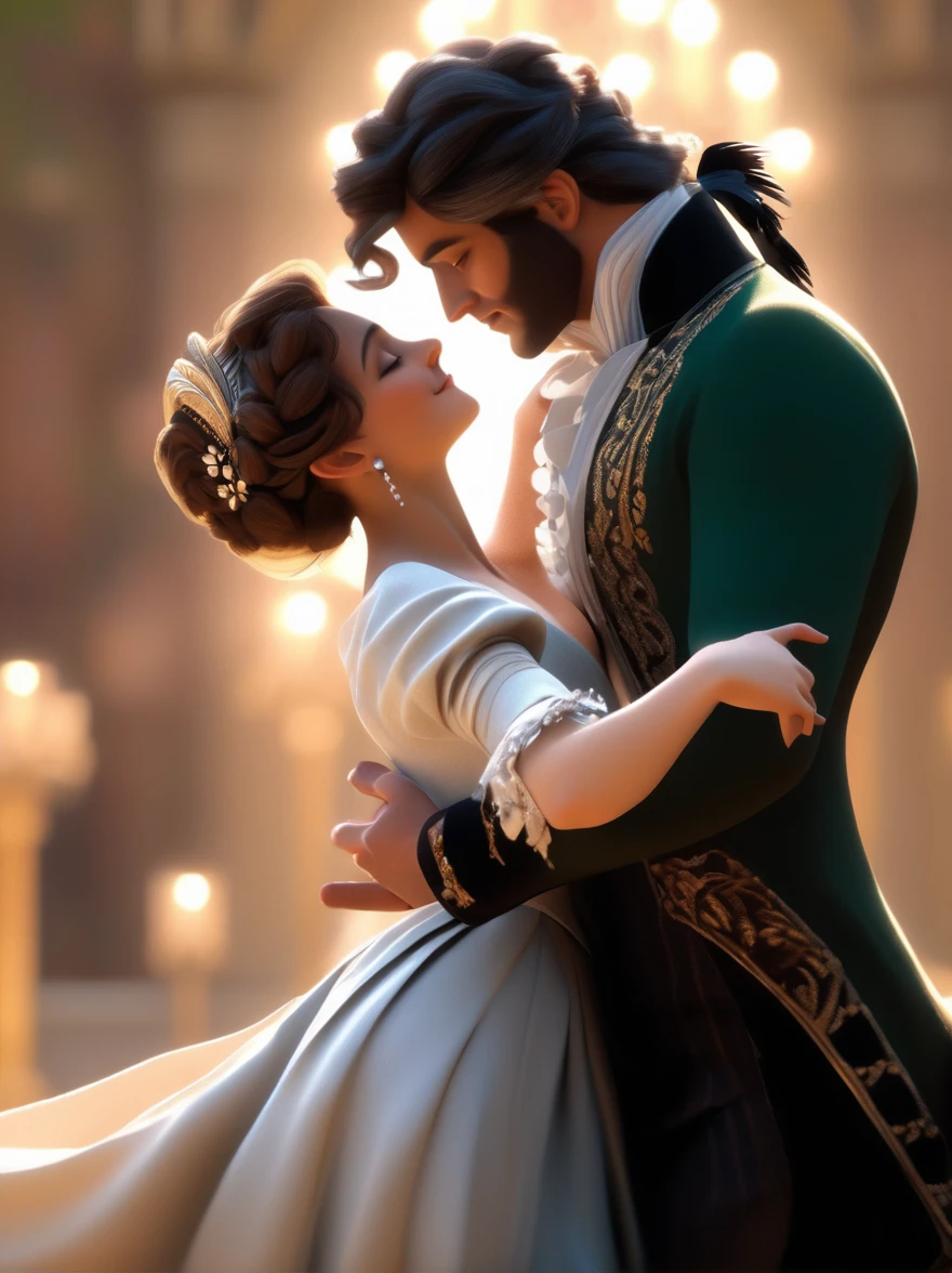 (Realistic),masterpiece,best quality,cinematic lighting,natural shadow,highest detail,professional photography,detailed background,depth of field,insane details,intricate,aesthetic,subsurface scattering,dynamic angle,
couple,a man and a woman,playing an ancient musical instrument,attractive Regency England romance couple embracing in a ballroom,Blythe doll,in the style of eve ventrue,cartooncore,mangacore,glistening skin,natural lighting,