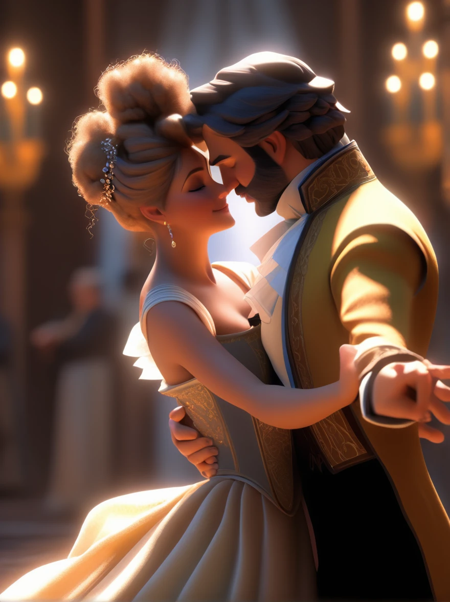 (Realistic),masterpiece,best quality,cinematic lighting,natural shadow,highest detail,professional photography,detailed background,depth of field,insane details,intricate,aesthetic,subsurface scattering,dynamic angle,
couple,a man and a woman,playing an ancient musical instrument,attractive Regency England romance couple embracing in a ballroom,Blythe doll,in the style of eve ventrue,cartooncore,mangacore,glistening skin,natural lighting,