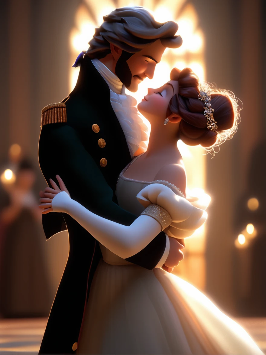 (Realistic),masterpiece,best quality,cinematic lighting,natural shadow,highest detail,professional photography,detailed background,depth of field,insane details,intricate,aesthetic,subsurface scattering,dynamic angle,
couple,a man and a woman,playing an ancient musical instrument,attractive Regency England romance couple embracing in a ballroom,Blythe doll,in the style of eve ventrue,cartooncore,mangacore,glistening skin,natural lighting,