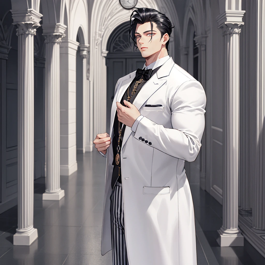 HD, Wallpaper Quality, uber quality, detailed eyes, detailed hair, detailed face, detailed hands, standing, random standing pose, Bigger Build, power lifter Build, Male, man in a butlers outfit, Tuxedo, Slicked back Hair, Black Hair, (((White stripe in hair))), pocket watch, Mansion Background, White floors, Columns, 