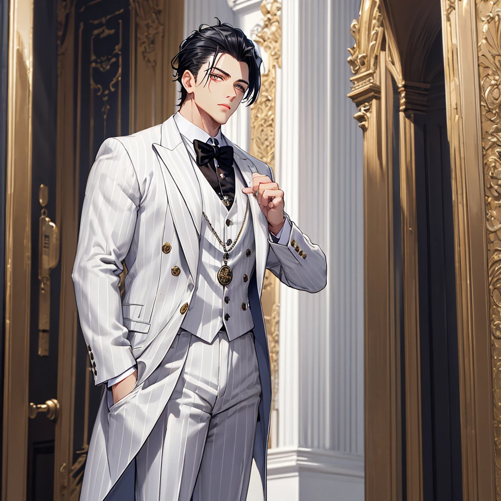 HD, Wallpaper Quality, uber quality, detailed eyes, detailed hair, detailed face, detailed hands, standing, random standing pose, Bigger Build, power lifter Build, Male, man in a butlers outfit, Tuxedo, Slicked back Hair, Black Hair, (((White stripe in hair))), pocket watch, Mansion Background, White floors, Columns, 