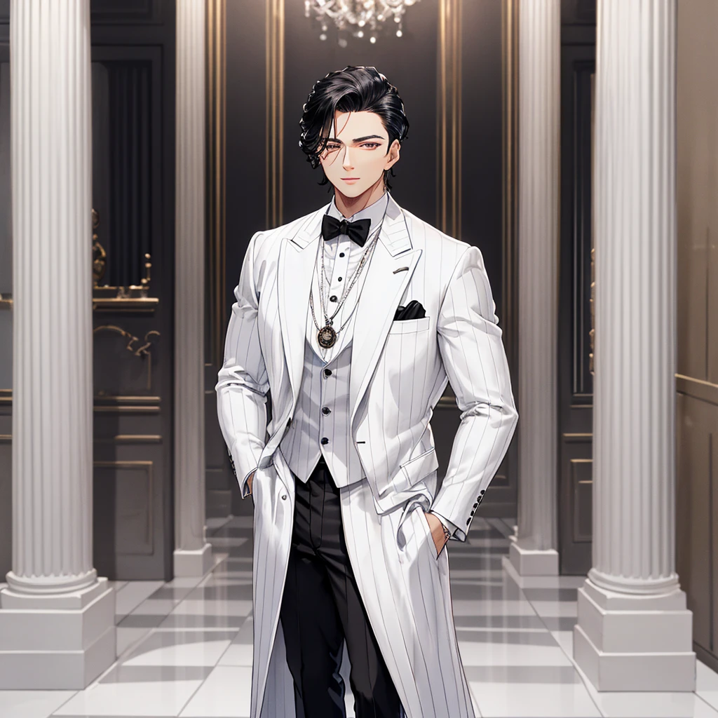 HD, Wallpaper Quality, uber quality, detailed eyes, detailed hair, detailed face, detailed hands, standing, random standing pose, Bigger Build, power lifter Build, Male, man in a butlers outfit, Tuxedo, Slicked back Hair, Black Hair, (((White stripe in hair))), pocket watch, Mansion Background, White floors, Columns, 