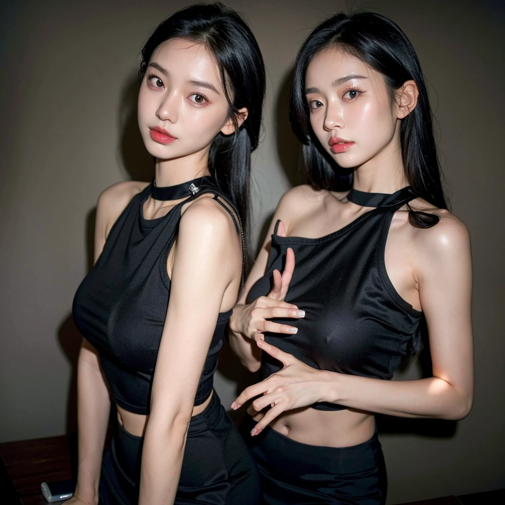 best quality, ultra high res, (photorealistic:1.4), 1girl, tanktop black shirt, black tight skirt, black choker, (faded ash gray hair:1), medium breasts, looking at viewer, closeup, (pretty face) , southeast asia girl. 