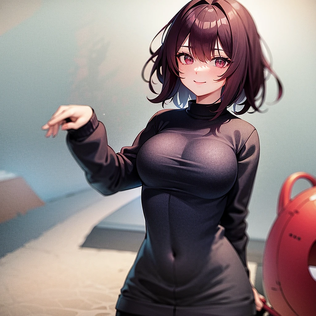 A girl with dark crimson red hair and maroon eyes with a black and red shirt that covers her whole torso and sweatpants and medium sized breasts smiling and a background with volcanoes and fire