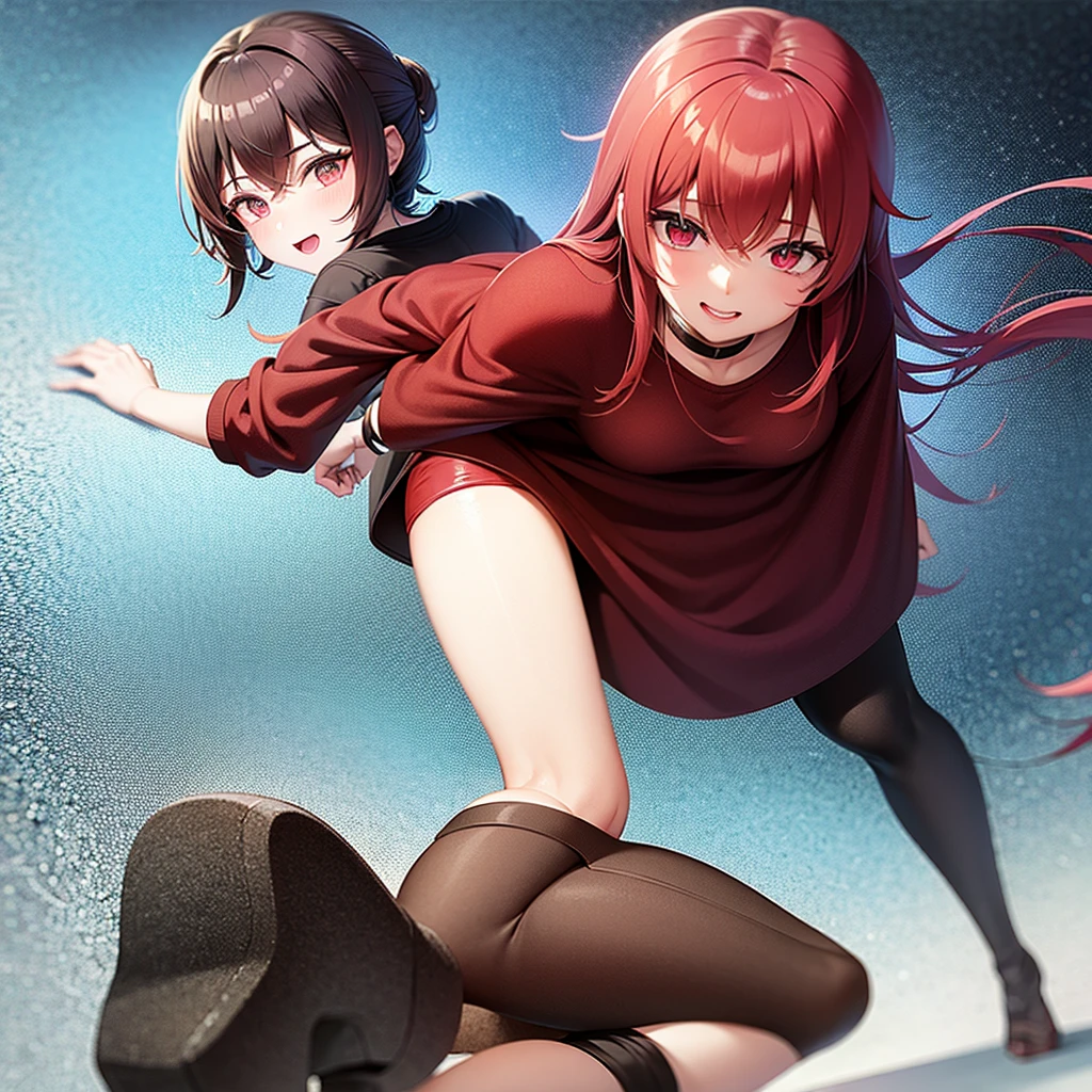 A girl with dark crimson red hair and maroon eyes with a black and red shirt that covers her whole torso and sweatpants and medium sized breasts smiling and a background with volcanoes and fire