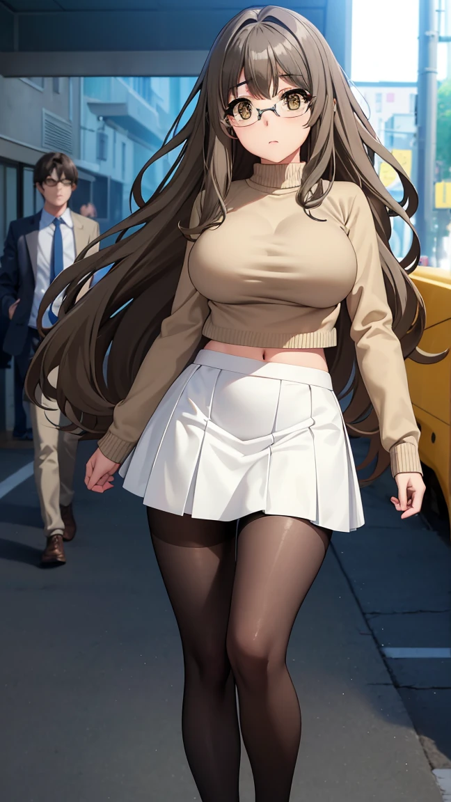 riofutaba, rio futaba, black-framed eyewear, (brown eyes:1.7), glasses, (grey hair:1.2), hair between eyes, over-rim eyewear, semi-rimless eyewear, long hair, sidelocks,
BREAK (Sweater, crop sweater, (white skirt), mini skirt,long sleeves, pantyhose,closed clothes:1.2),
front view detailed body, navel, long belly , Slender body, tight body , thicc, large breast, breast, long thighs, masterpiece, long hair, very long hair, 20yo,Young female,Beautiful Finger,Beautiful long legs,Beautiful body,Beautiful Nose,Beautiful character design, perfect eyes, perfect face,expressive eyes, looking at viewer,NSFW, (full_body),(Focus on her face), official art,extremely detailed CG unity 8k wallpaper, perfect lighting,Colorful, Bright_Front_face_Lighting,shiny skin, (masterpiece:1.0),(best_quality:1.0), ultra high res,4K,ultra-detailed, photography, 8K, HDR, highres, absurdres:1.2, Kodak portra 400, film grain, blurry background, bokeh:1.2, lens flare, (vibrant_color:1.2) (Beautiful,large_Breasts:1.4), (beautiful_face:1.5),(narrow_waist),