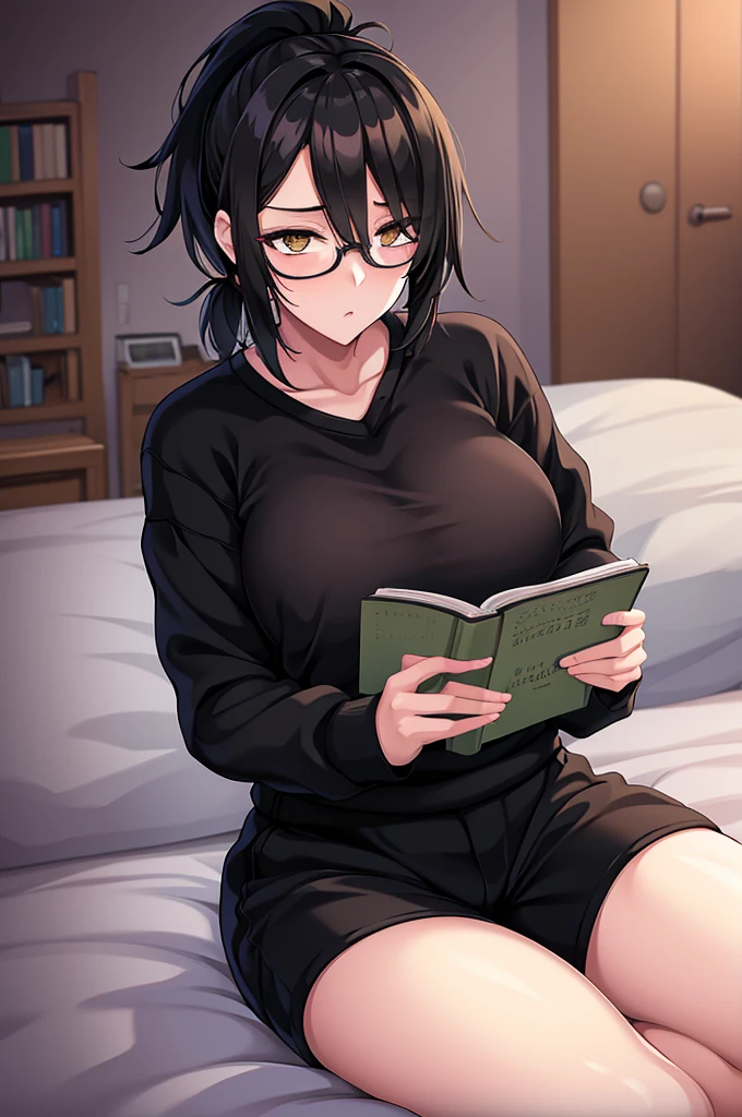 mature woman, hair over one eye, golden eyes, Tomboy, sitting on the ground, black sweatshorts sweater, looking at viewer, bed, black short hair with a ponytail, books lying around, bedroom background, round glasses, bags under eyes, tired, reading a book, solo