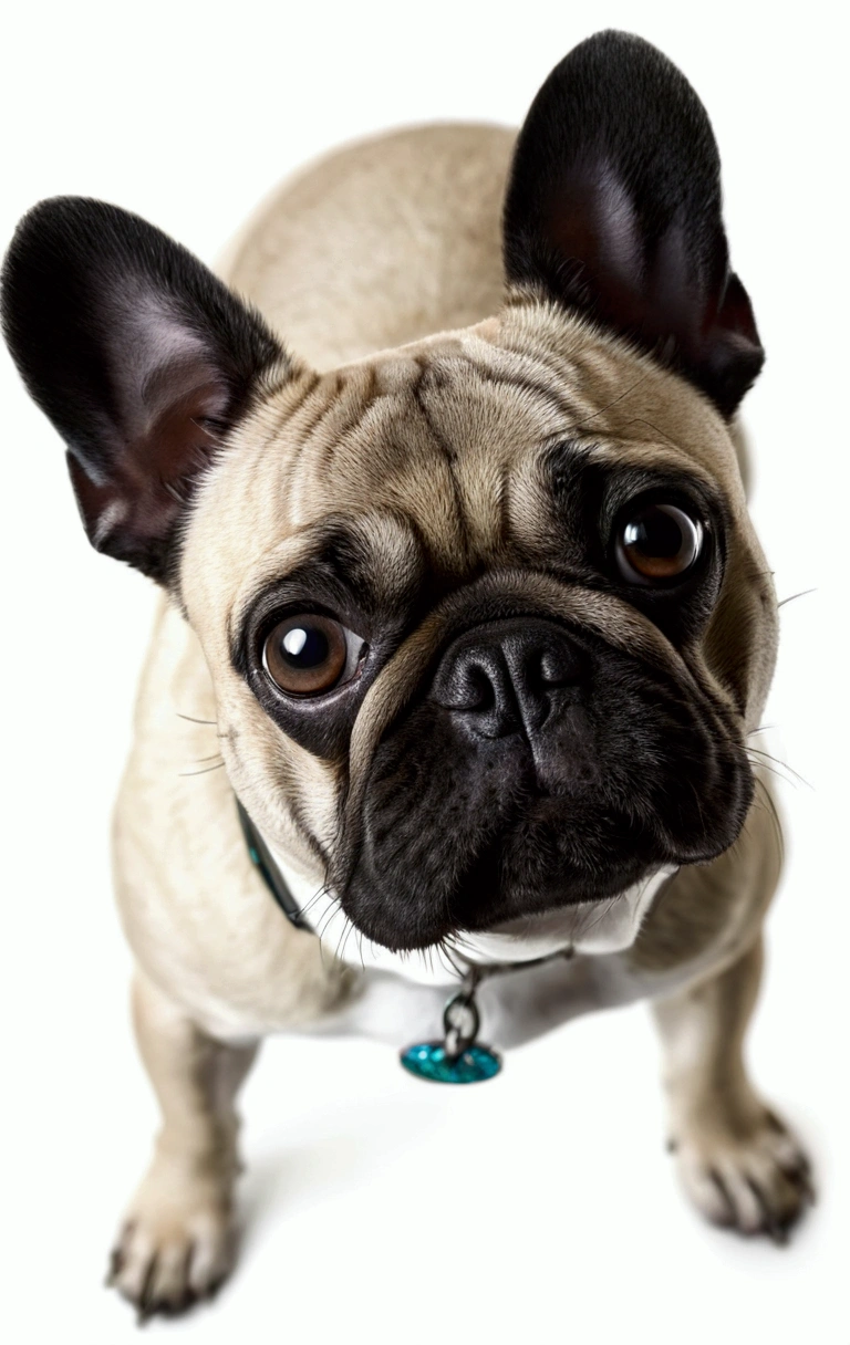 there is a small dog that is looking up at the camera, french bulldog, pug-faced, backpfeifengesicht, looking towards the camera, looking away from camera, looking up at camera, looking up at the camera, closeup headshot, front portrait, épaule devant pose, looking straight to camera, high quality portrait, pug