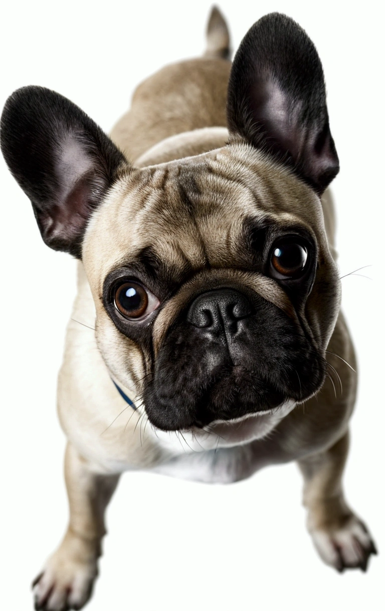 there is a small dog that is looking up at the camera, french bulldog, pug-faced, backpfeifengesicht, looking towards the camera, looking away from camera, looking up at camera, looking up at the camera, closeup headshot, front portrait, épaule devant pose, looking straight to camera, high quality portrait, pug